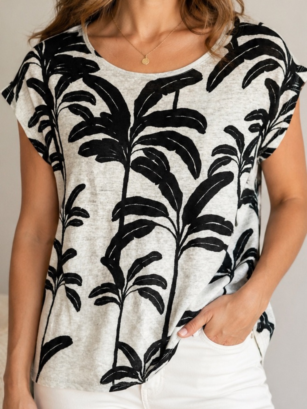 Tahari 100% Linen Black White Tropical Palm Print Top Size M